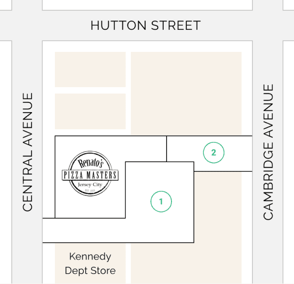 A parking map for Renato's Pizza Masters Jersey City showing access from Central Avenue to parking lot number 1 and from Cambridge Avenue to parking lot number 2