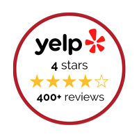 YELP Review Badge with a 4 stars review average of over 400 reviews.