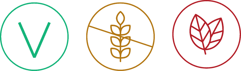Vegetarian, gluten free, and vegan icons of a capital letter 'V' an inside a circle, a wheat leaf inside a circle with a diagonal line crossing it, and of 2 leafs inside a circle.